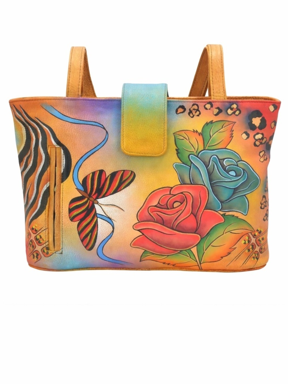 Anna by Anuschka Hand-Painted Floral & Butterfly Medium Tote in Multicolor 8018